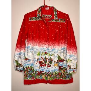 1940s Wayne Maid Christmas Holiday Festive Presents Santa Scenic Tunic Shirt XL
